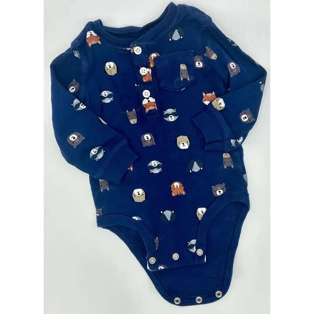 Carter’s Woodland Long Sleeve Top Size 9 Month Raccoon Bear Fox Henley (886)